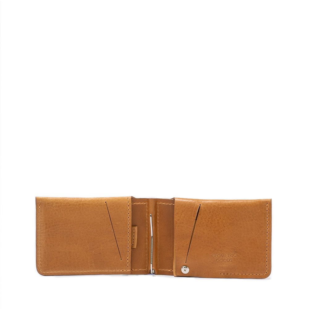 Leather wallet with money clip and compatible with AirTag made by Geometric Goods from premium leather in light brown (camel) color