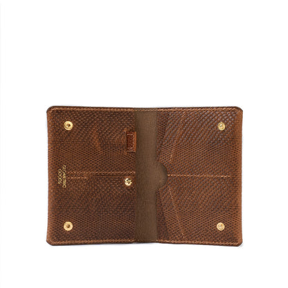 Premium brown snake-print leather men's AirTag passport wallet with a secret slot for AirTag. Crafted from premium Italian leather.