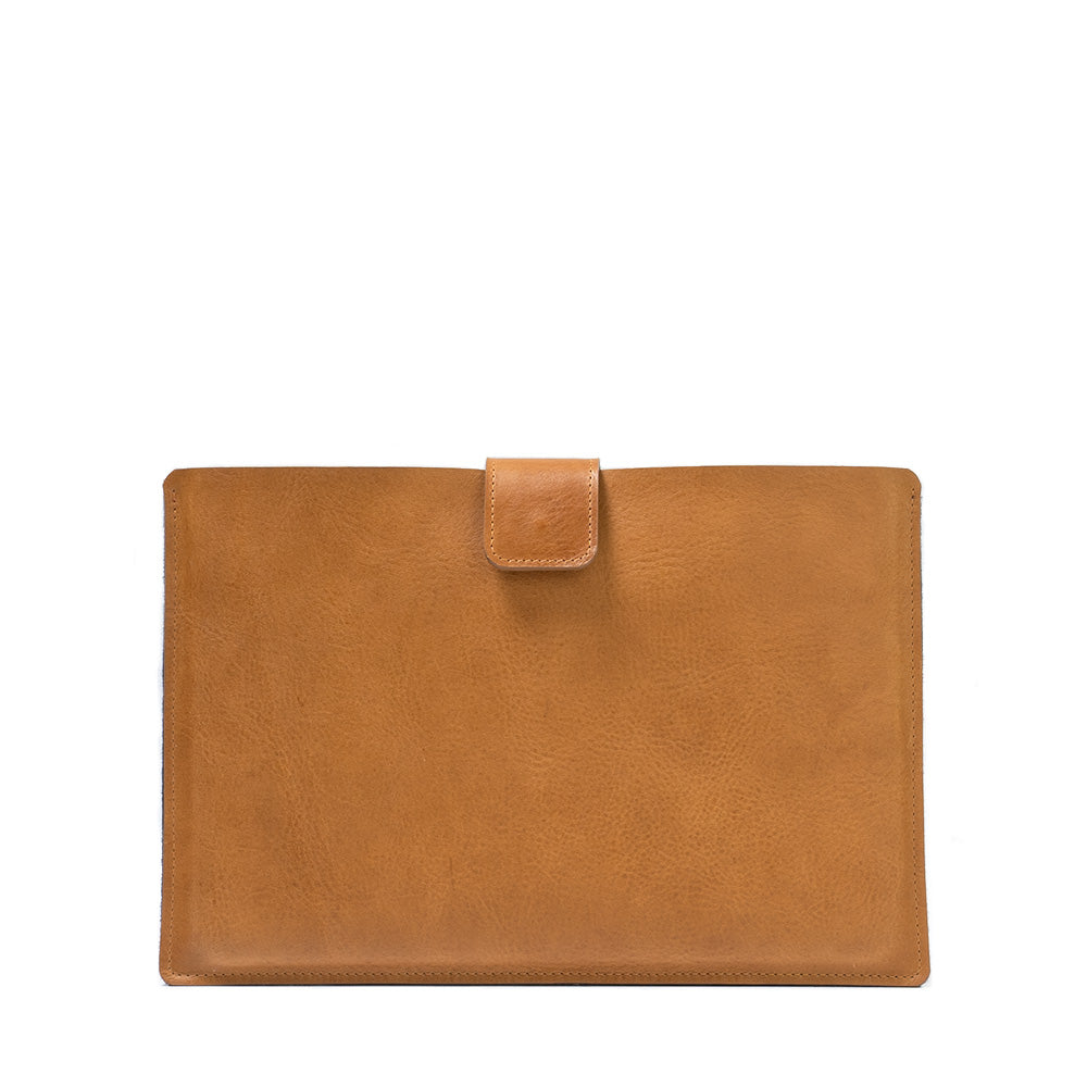 Leather Sleeve Bag for MacBook Pro 13 with zipper pocket in light brown (camel) color made by Geometric Goods