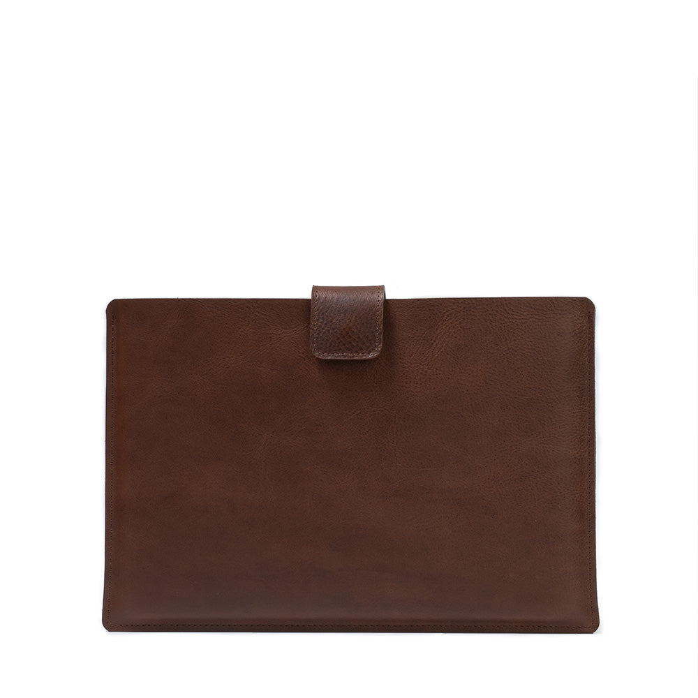 Leather Sleeve Bag for MacBook Pro 16 with zipper pocket in dark brown (mahogany) color made by Geometric Goods