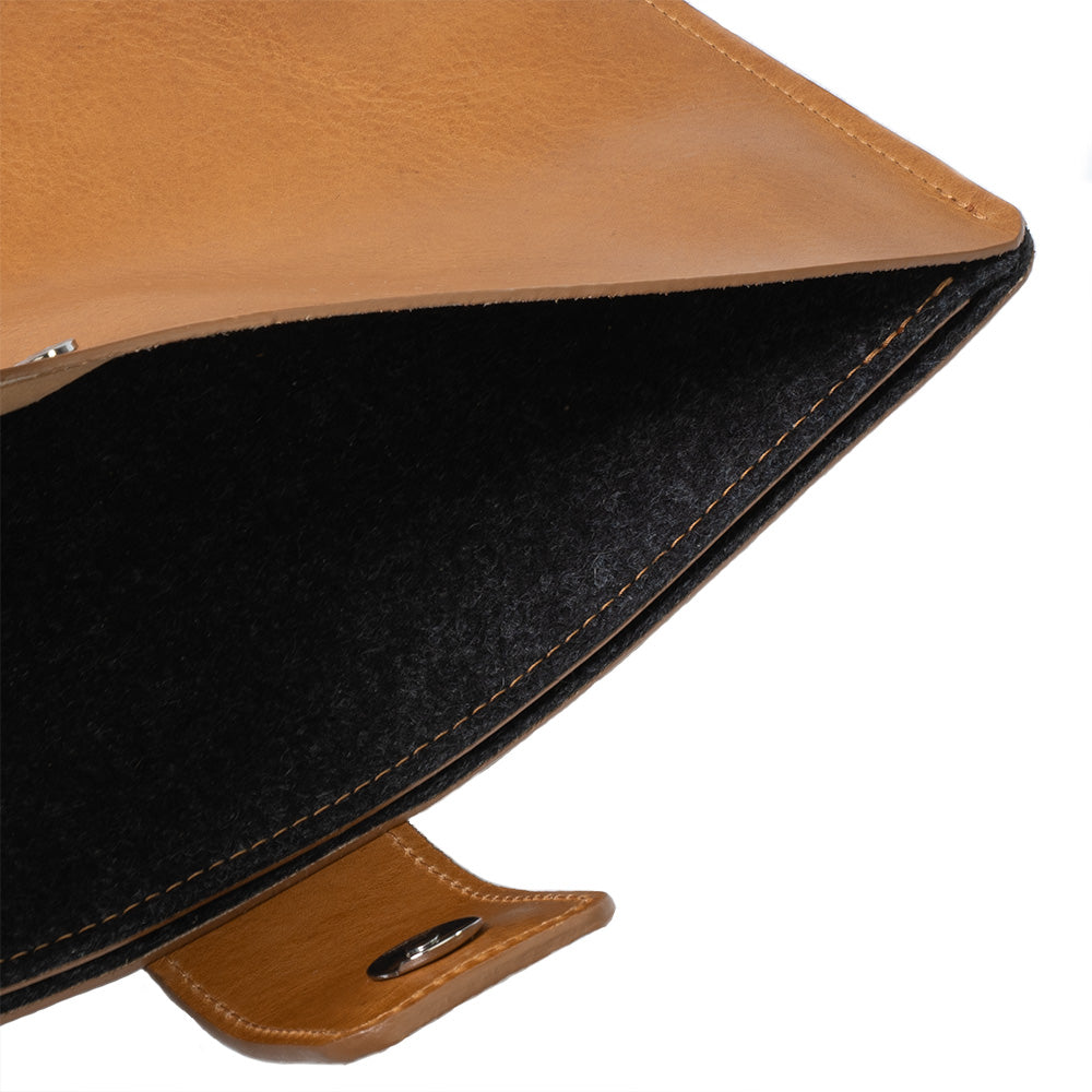 Leather Sleeve Bag for MacBook with zipper pocket in camel color made by Geometric Goods