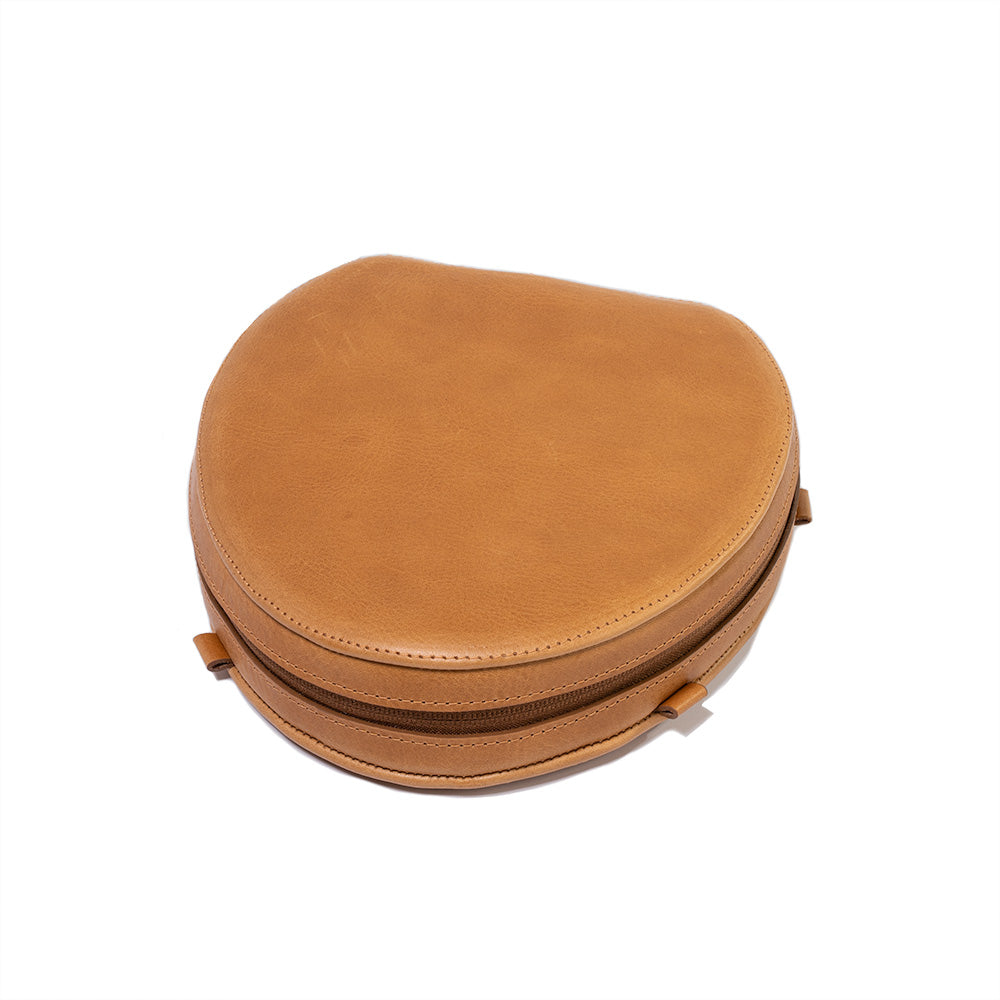 Leather AirPods Max case in light brown camel color by Geometric Goods