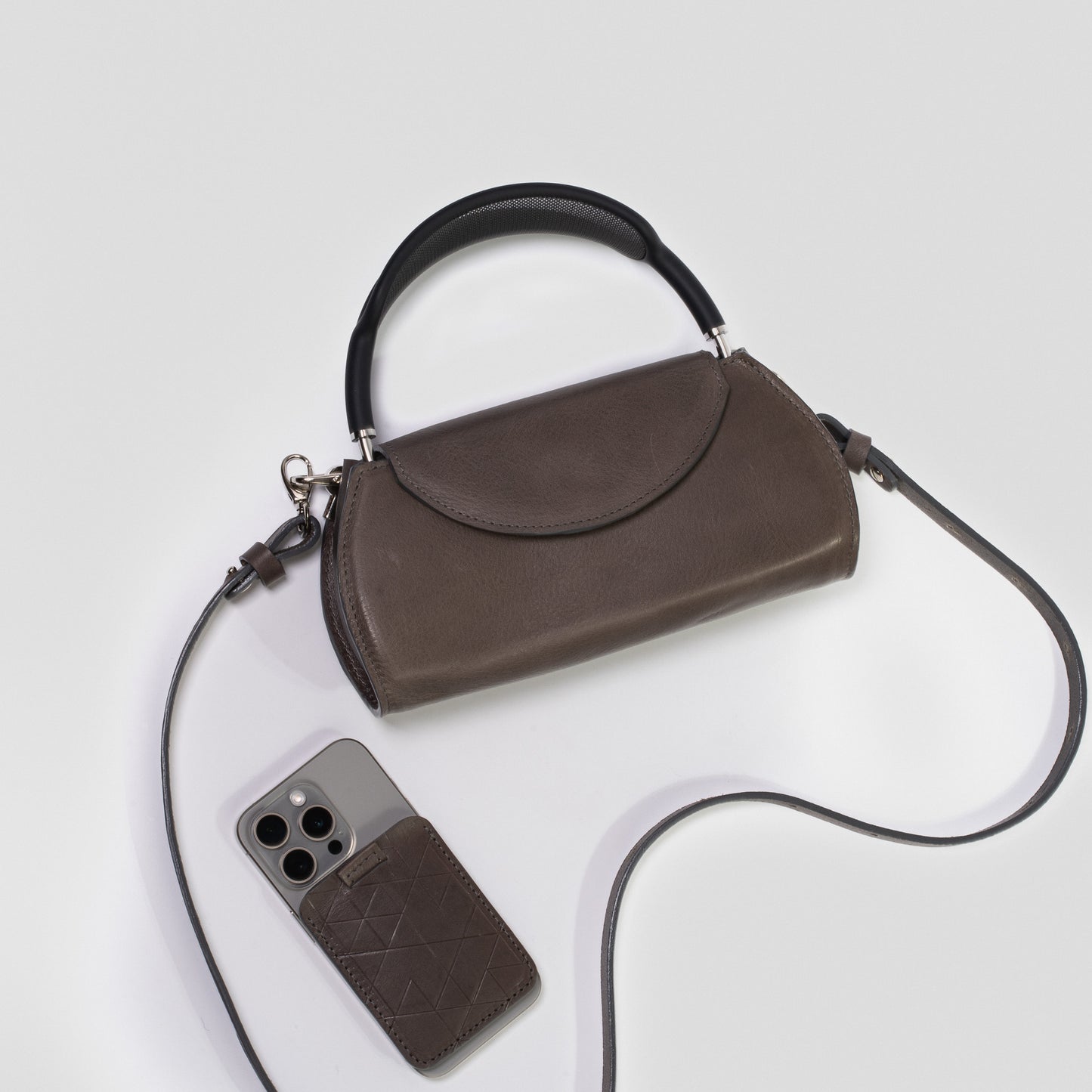 Gray leather case bag for AirPods Max made from premium top-grain Italian leather by Geometric Goods