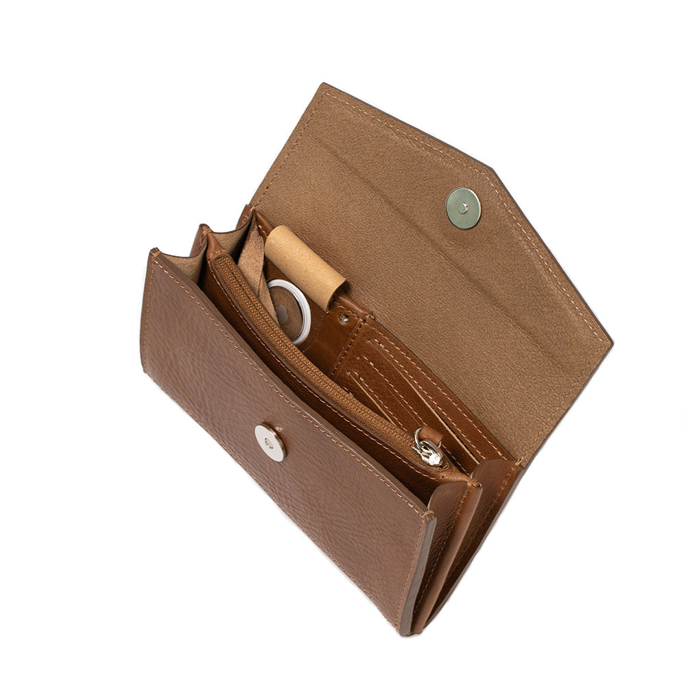 Smart leather long wallet for woman with an AirTag slot made by Geometric Goods from premium Italian full-grain veg-tanned leather in brown color