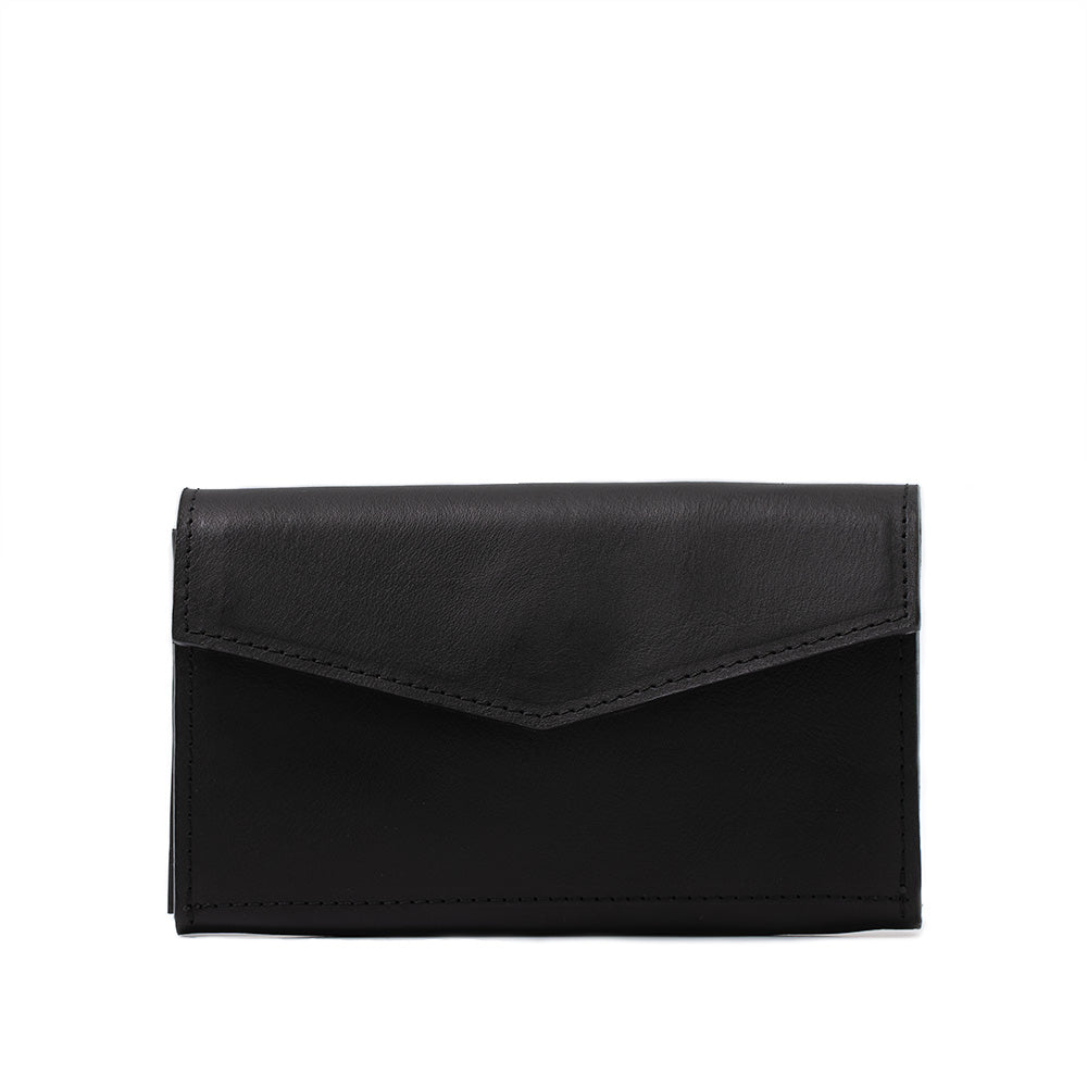 Smart leather long wallet for woman with an AirTag slot made by Geometric Goods from premium Italian full-grain veg-tanned leather in black color