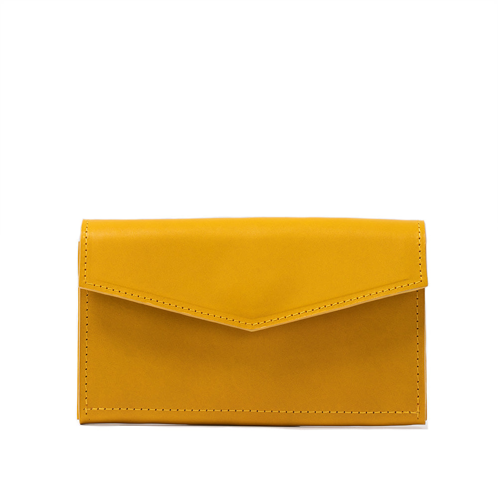 Smart leather long wallet for woman with an AirTag slot made by Geometric Goods from premium Italian full-grain veg-tanned leather in yellow color
