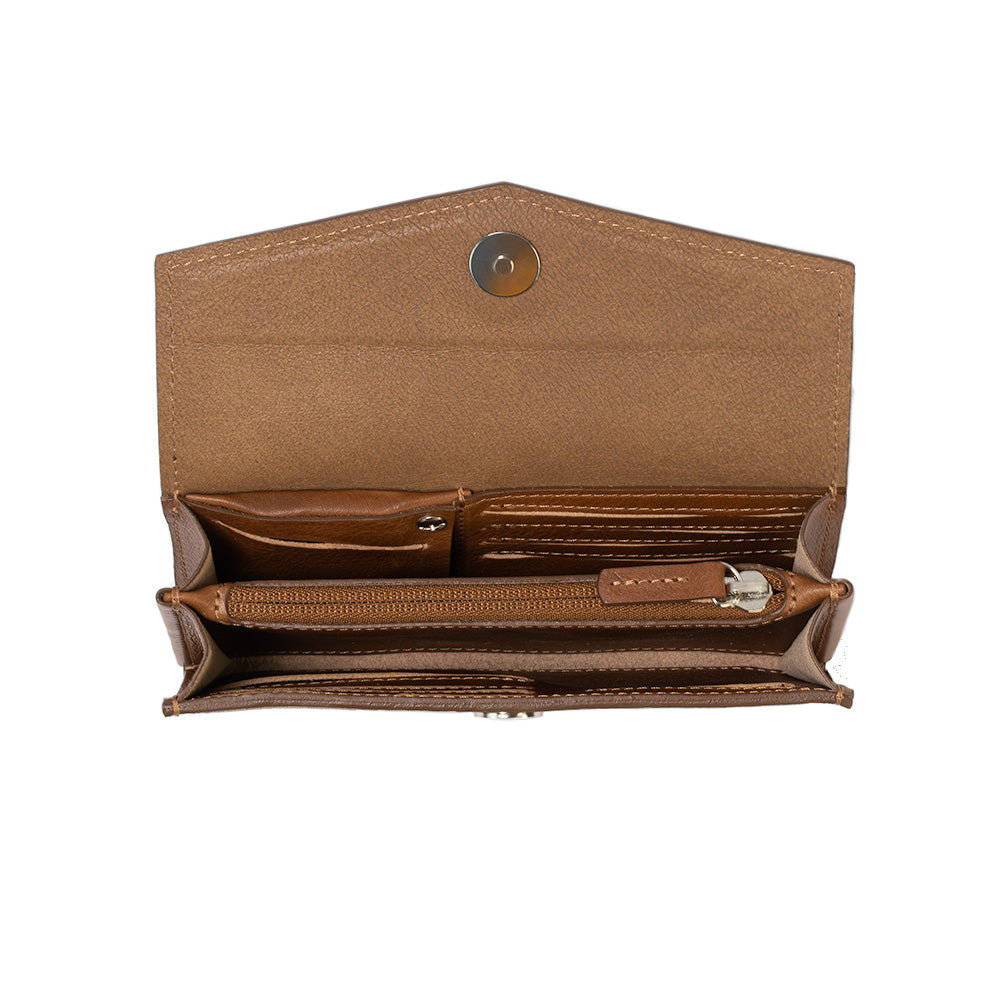 Women's long wallet compatible with AirTag, crafted by Geometric Goods from premium Italian full-grain veg-tanned leather in brown color