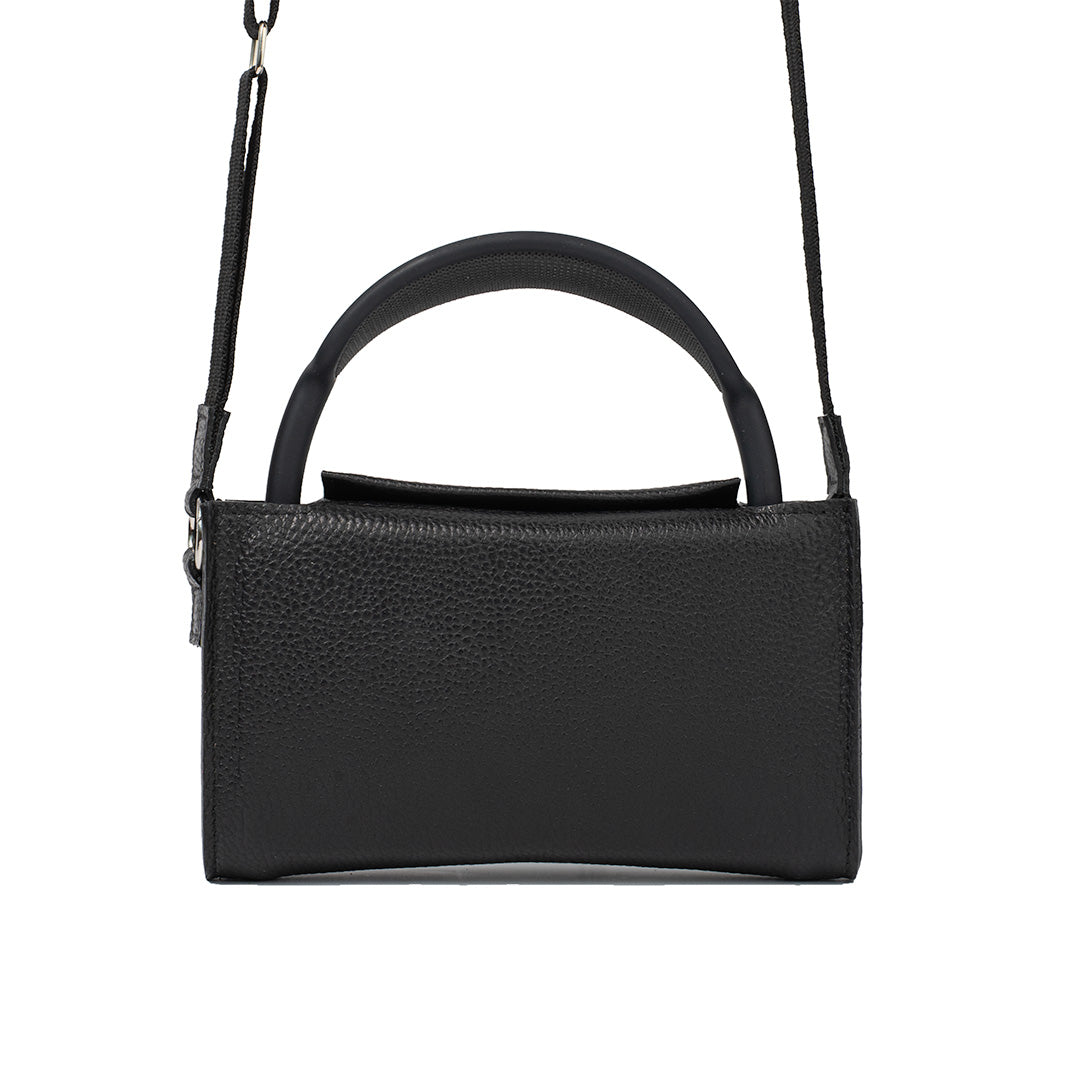 Black leather AirPods Max case with arched handle and adjustable shoulder strap.