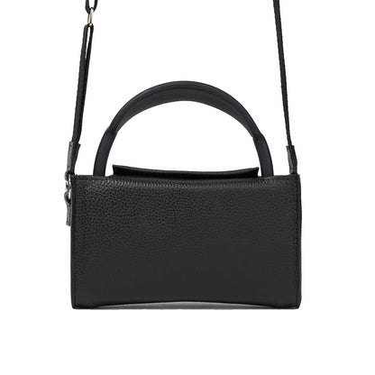 Black leather AirPods Max case with arched handle and adjustable shoulder strap.