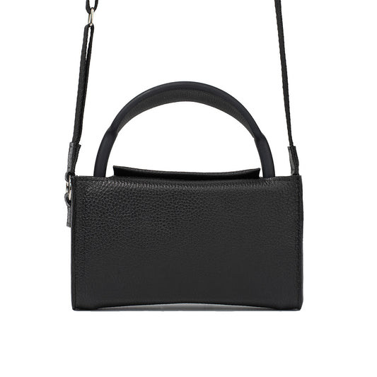 Black leather AirPods Max case with arched handle and adjustable shoulder strap.