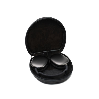 Open flat-grain leather case for AirPods Max 2 with headphones inside and soft black lining visible