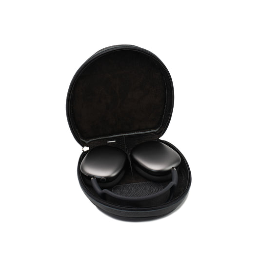 Open flat-grain leather case for AirPods Max 2 with headphones inside and soft black lining visible