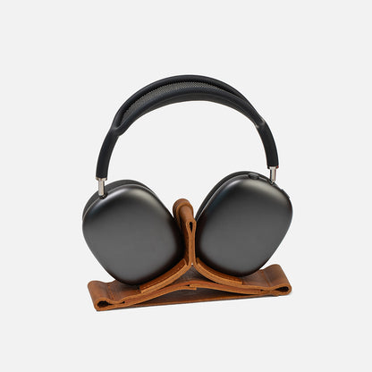 Leather Stand for AirPods Max in Tan — padded leather cradle, weighted base, Low Power Mode activation; full-grain Italian leather, handmade in Europe