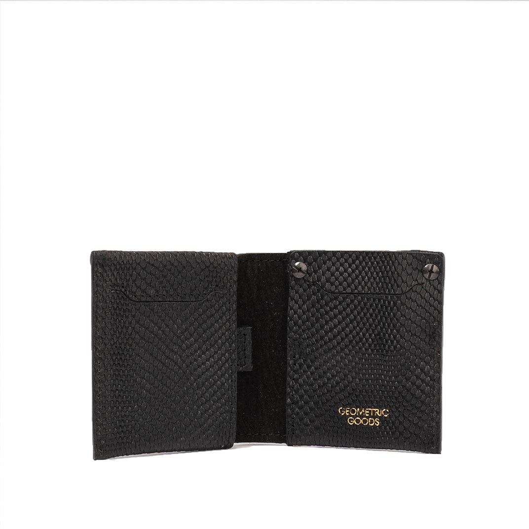 Open black snake-print leather Billfold 2.0 for AirTag, showing the interior