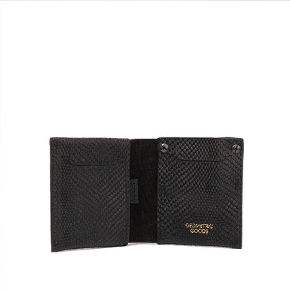 Open black snake-print leather Billfold 2.0 for AirTag, showing the interior