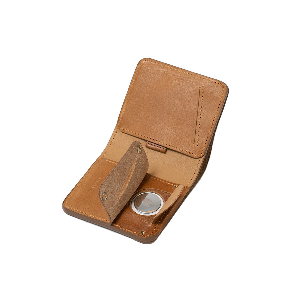 Light brown billfold leather wallet with a secret AirTag slot