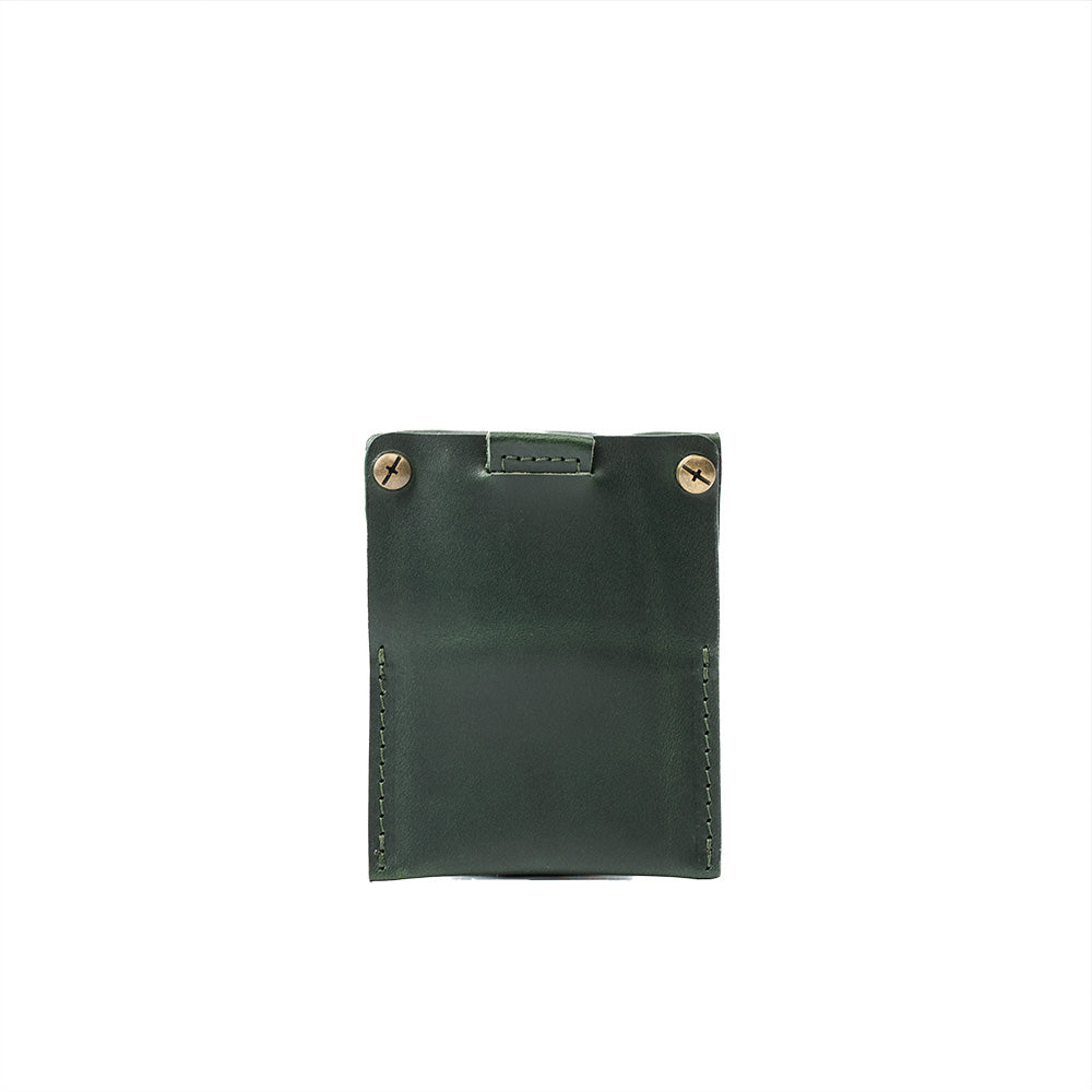 Forest green leather Card Holder 2.0 for AirTag with two brass-colored rivets