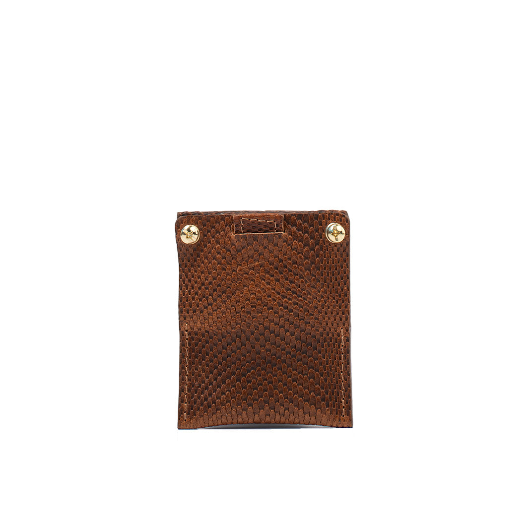 Apple AirTag wallet card in brown snake print leather, featuring secure card slots and customizable rivets