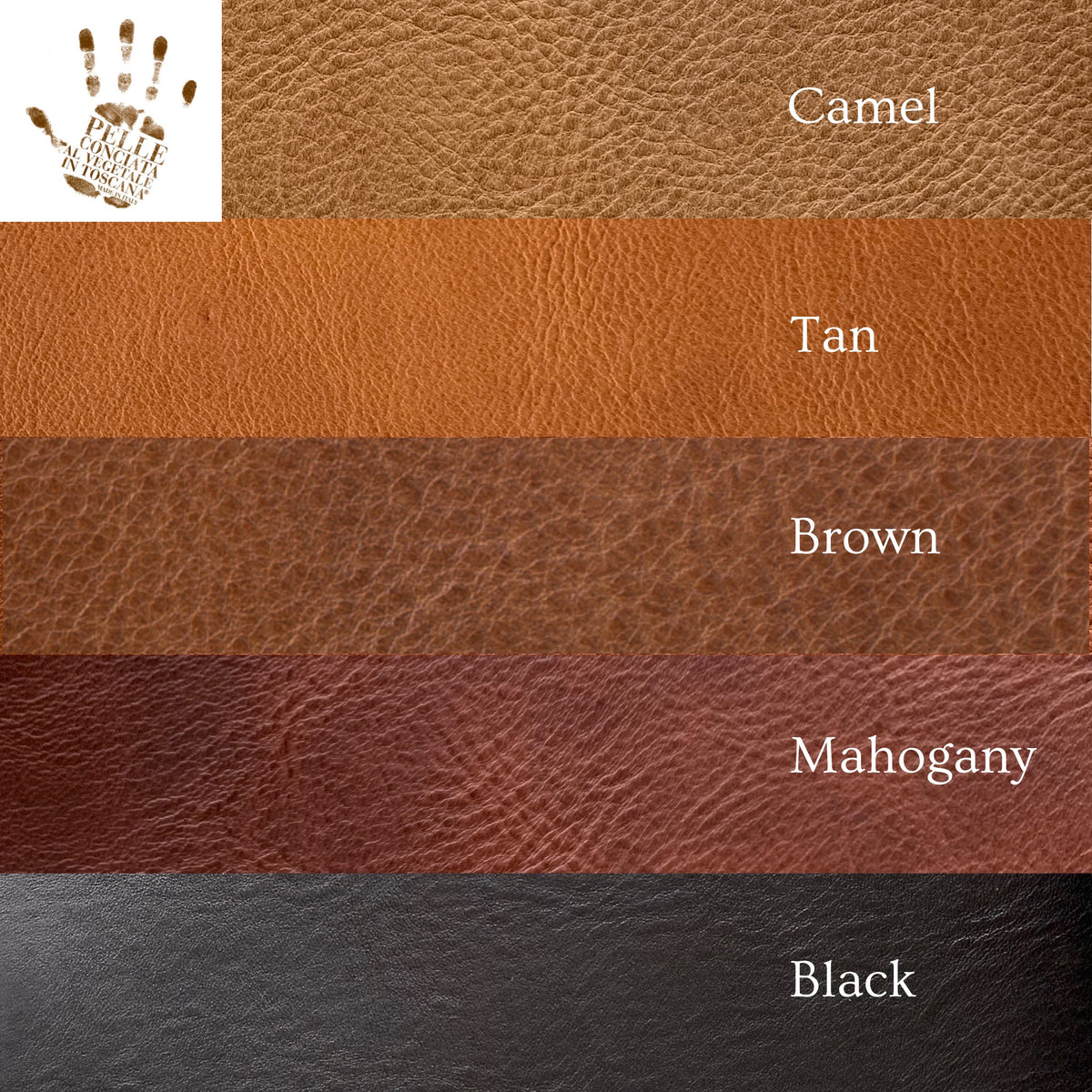 Leather color chart showing Camel, Tan, Brown, Mahogany and Black