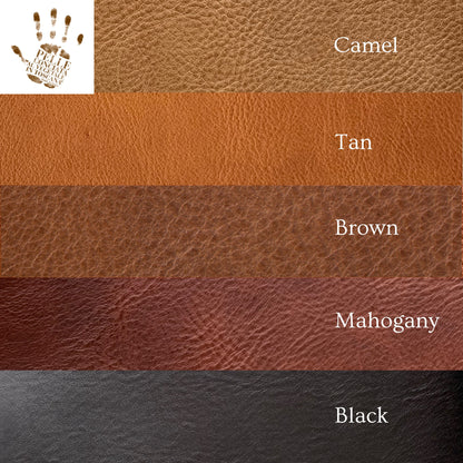 Leather color chart showing Camel, Tan, Brown, Mahogany and Black