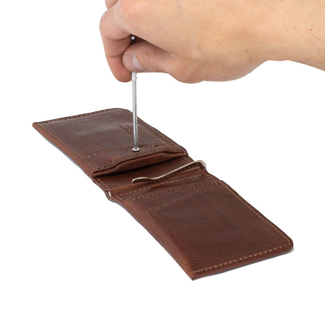 Mahogany leather AirTag money clip wallet for men with hidden tracker slot accessed by Torx tool – Geometric Goods