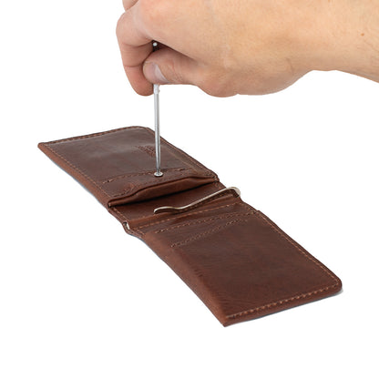 Mahogany leather AirTag money clip wallet for men with hidden tracker slot accessed by Torx tool – Geometric Goods