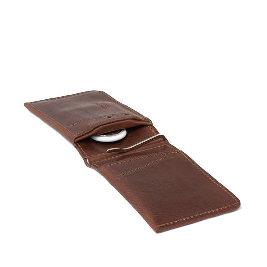 Leather AirTag money clip wallet for men in mahogany, showing hidden tracker slot and stainless clip – Geometric Goods