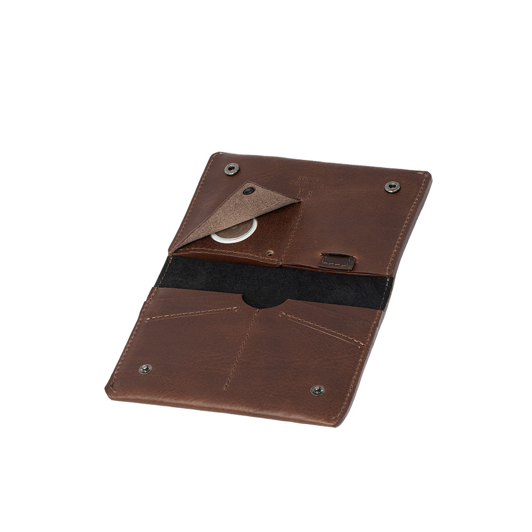leather AirTag Passport holder wallet in mahogany color