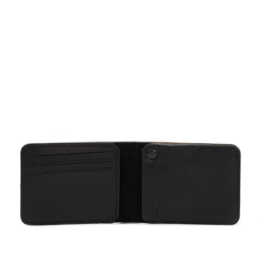 black premium Italian leather bifold wallet, top rated for compatibility with Apple AirTag, offering a sleek and sophisticated experience.
