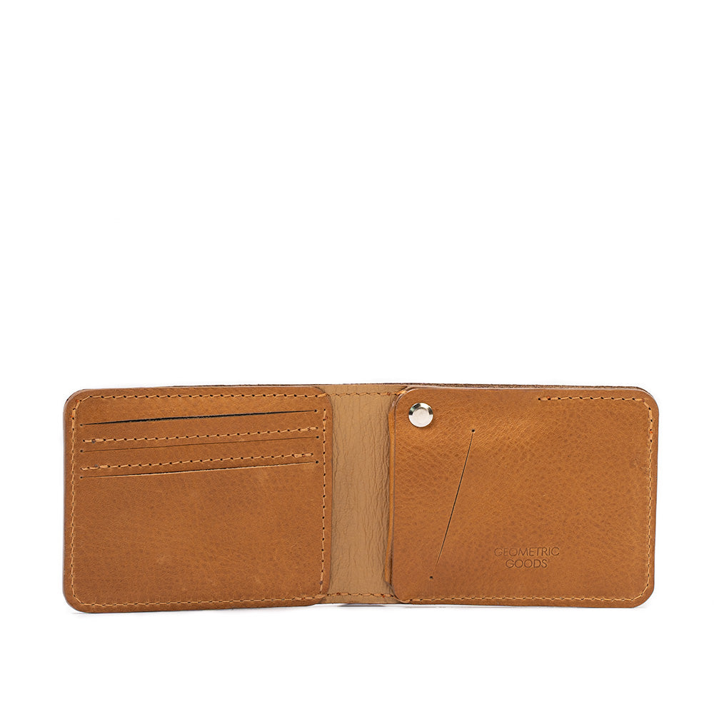 Luxury camel-colored AirTag billfold wallet with tracking features, crafted from top-quality Italian vegetable-tanned leather.
