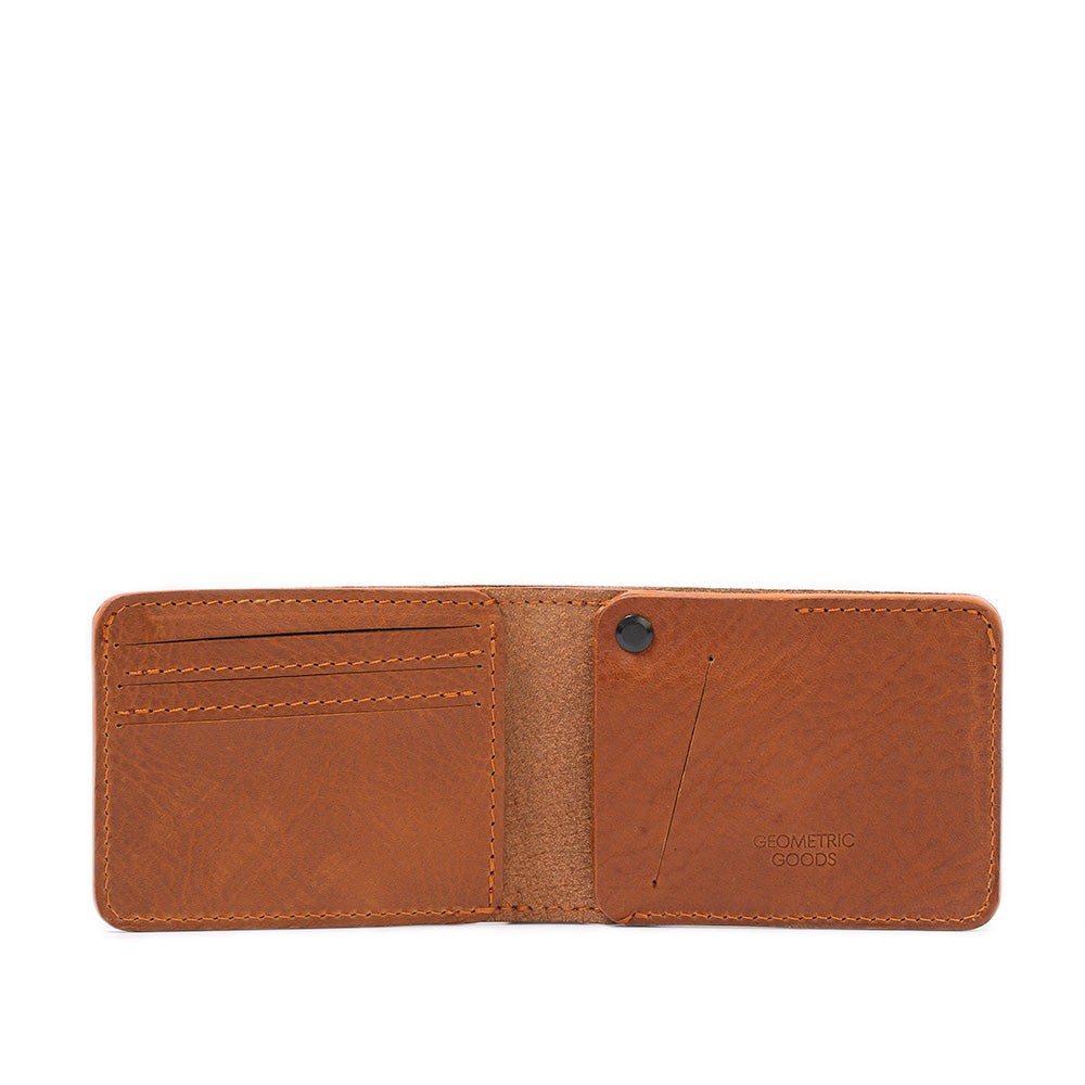 Tan cognac premium leather billfold wallet by Geometric Goods, seamlessly integrating Apple's AirTag for wallet tracking, offering elegance and security.