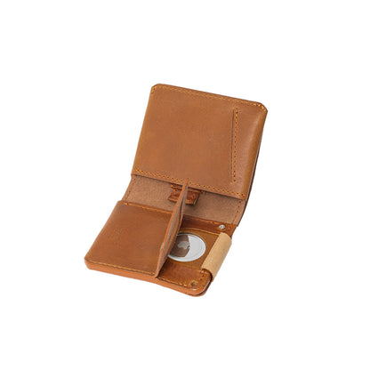 Laether air tag wallet for man made from premium Italian leather in cognac brown color