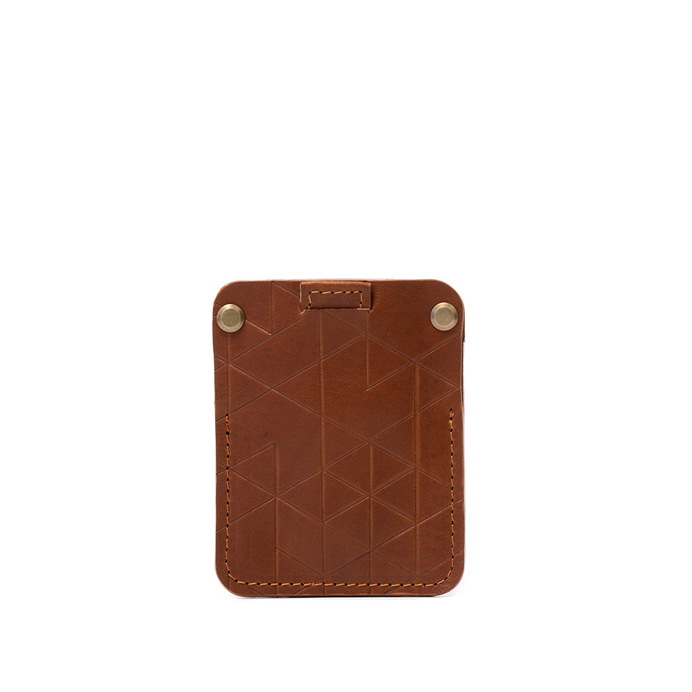 AirTag wallet card holder with hidden slot for Apple's AirTag made by Geometric Goods form premim Italian full-grain vegetable tanned leather in cognac brown tan color and vectors desing