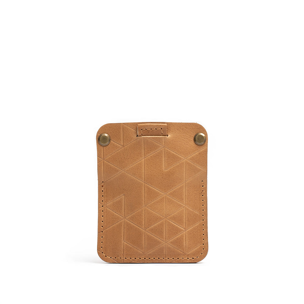 AirTag wallet card holder with hidden slot for Apple's AirTag made by Geometric Goods form premim Italian full-grain vegetable tanned leather in light brown camel color and vectors desing