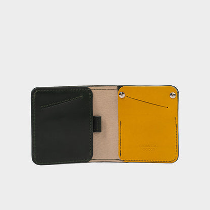 men's AirTag wallet made with luxury Italian leather in green and yellow colors