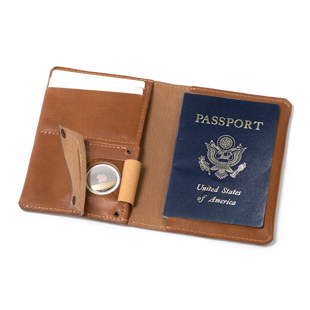 Smart and trackable AirTag passport holder by Geometric Goods, crafted from premium Italian leather