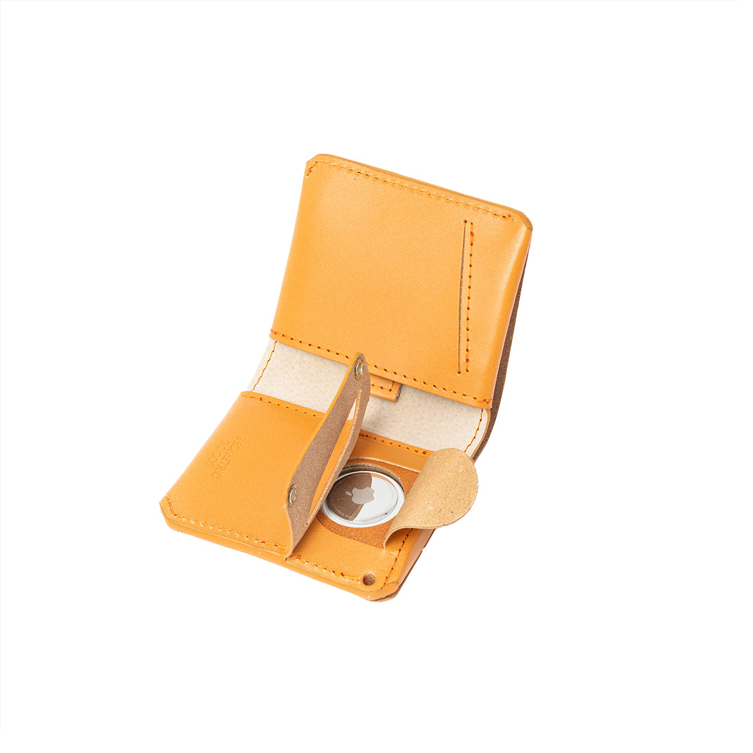 leather billfold wallet compatible with AirTag in vibrant orange color made of top-grain leather