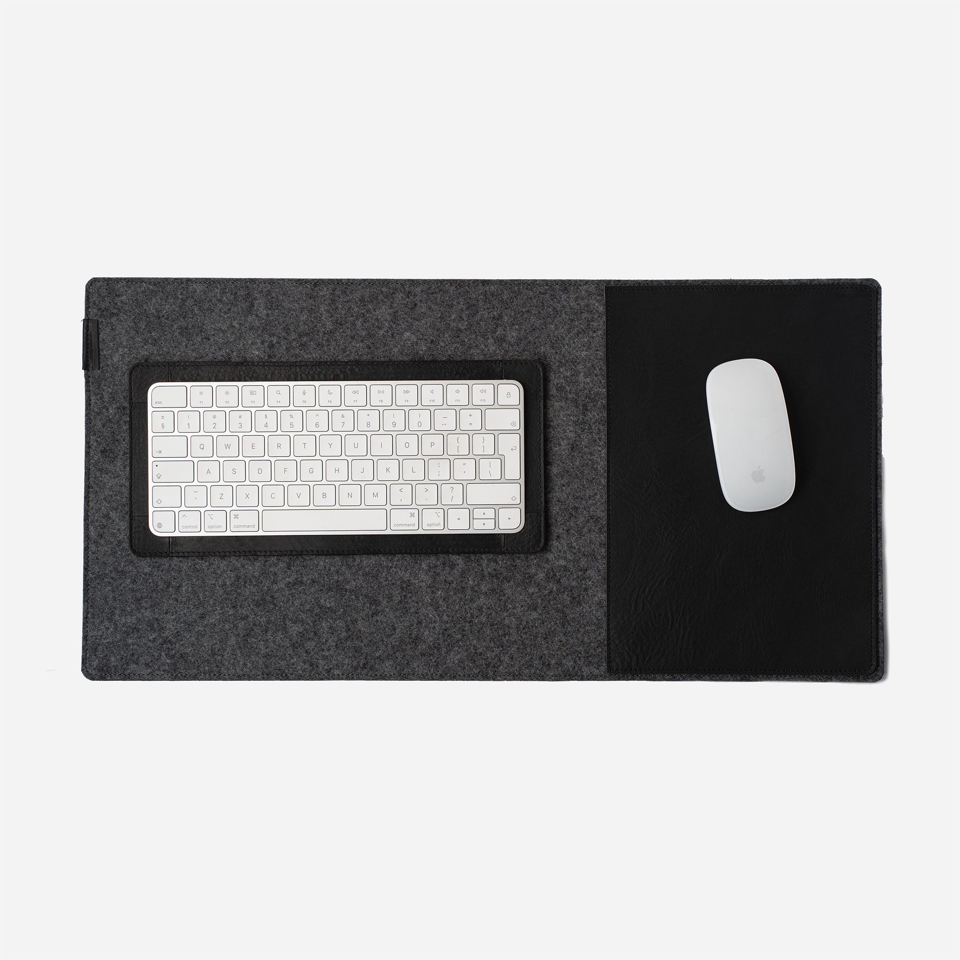 Black full-grain leather and wool felt desk pad with leather mouse pad insert, 30 × 60 cm