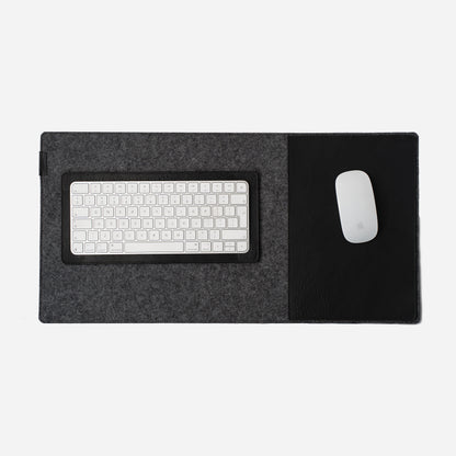 Black full-grain leather and wool felt desk pad with leather mouse pad insert, 30 × 60 cm