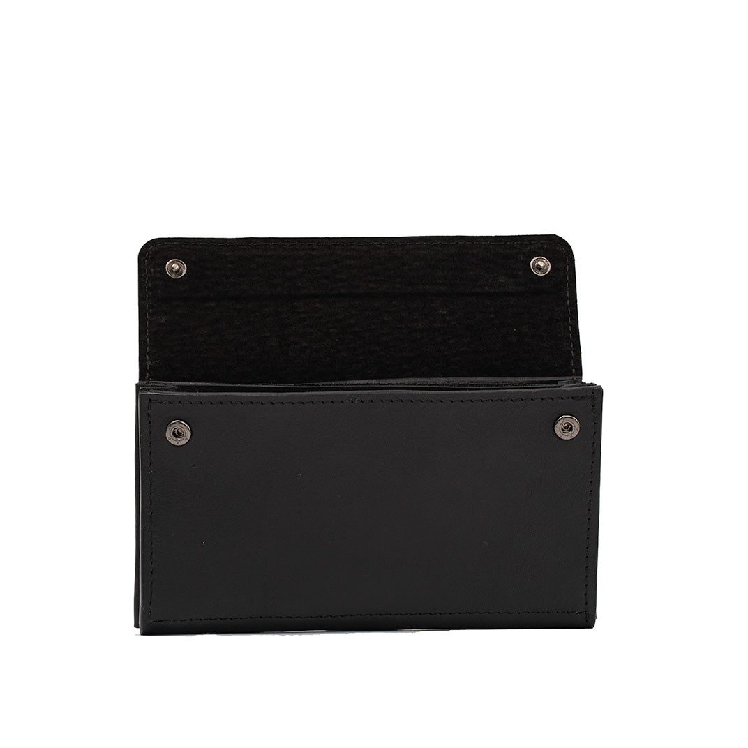 Back View of Black Leather AirTag Wallet with Open Flap