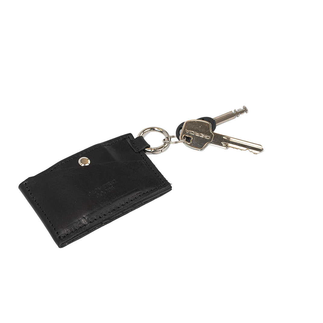 Black Leather AirTag Wallet with Keys Attached to Ring Snap Hook