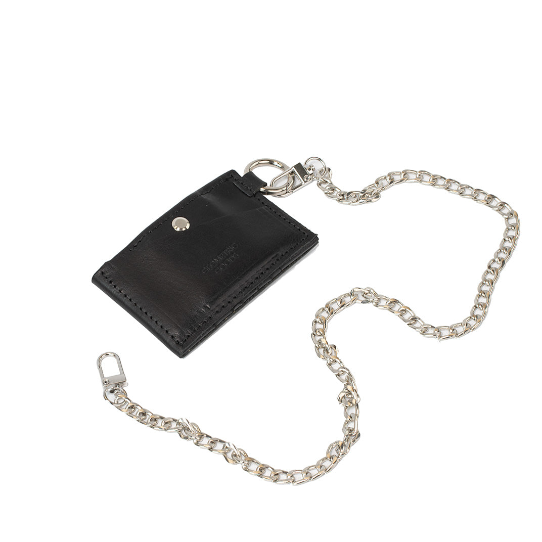 Black Leather AirTag Wallet Attached to a Sturdy Metal Chain