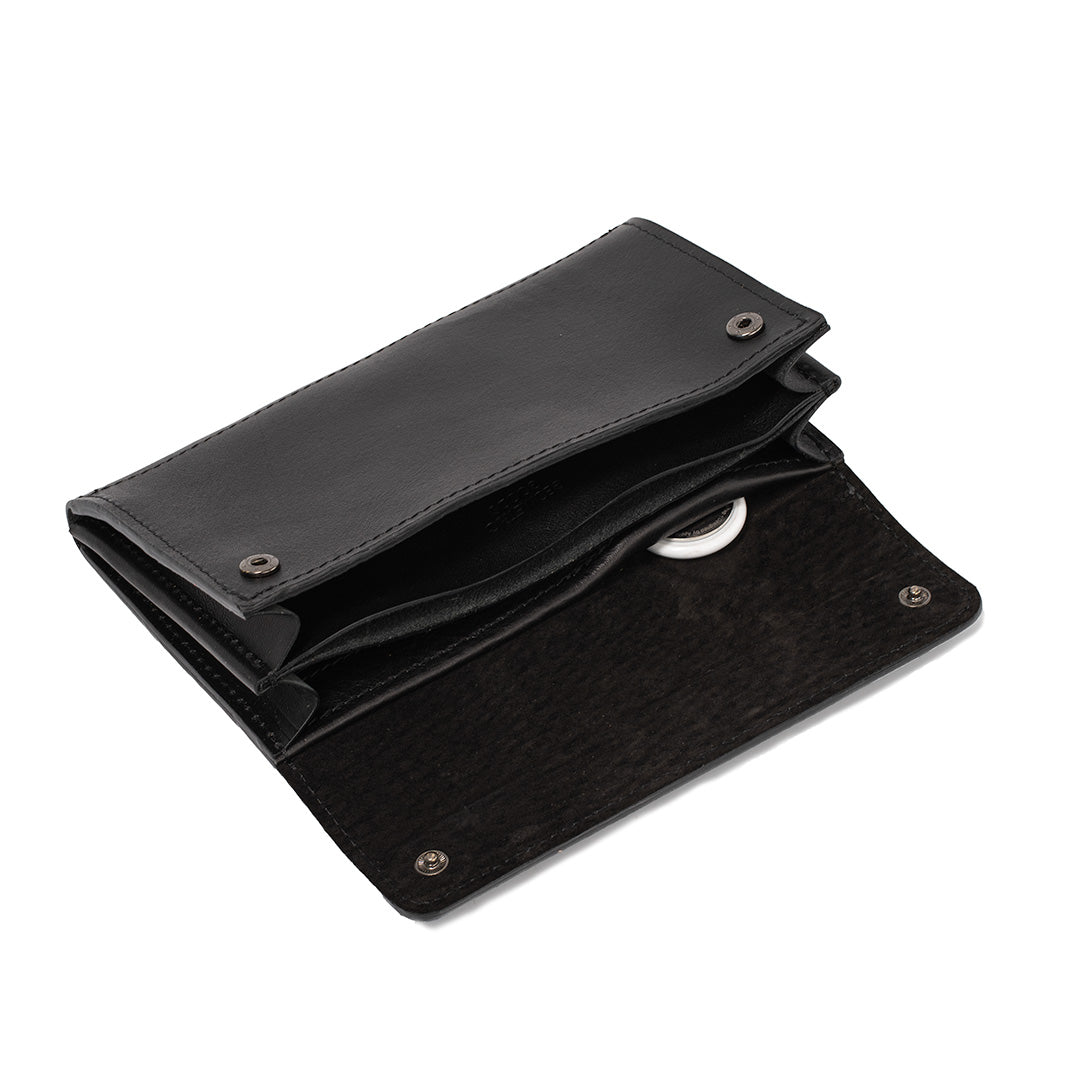 Black Leather Wallet with AirTag Holder and Multiple Compartments