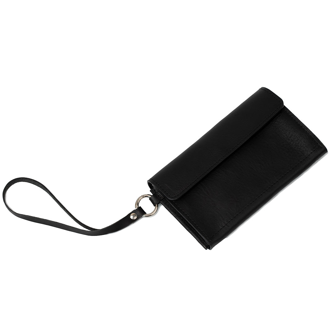 Black Leather AirTag Wallet with Wrist Strap