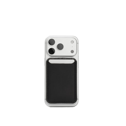Black leather and gray Merino wool felt wallet compatible with MagSafe, front view