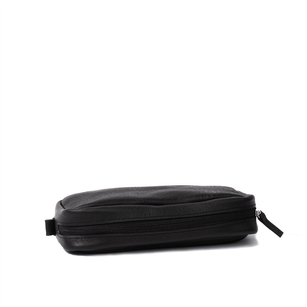 Side view of black leather organizer bag with zipper closure, emphasizing the secure and stylish design suitable for professional use