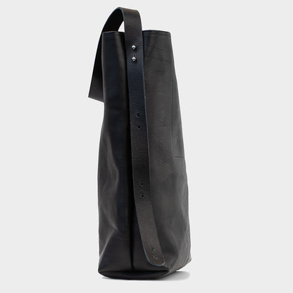 Side Profile of Black Leather Tote Bag