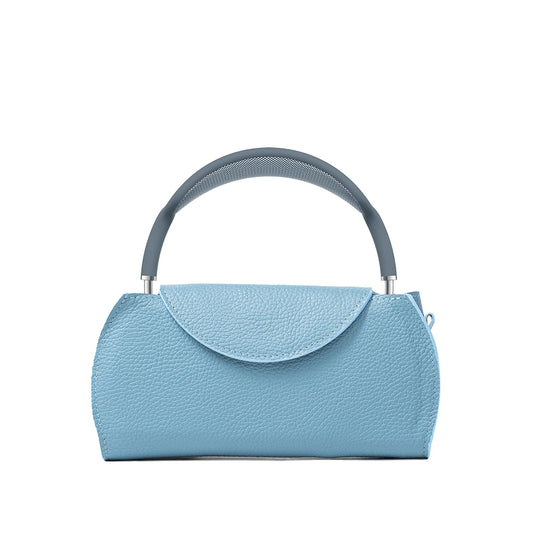 Sky blue leather AirPods Max case with matching blue headphones, minimalist rounded flap design for elegant protection