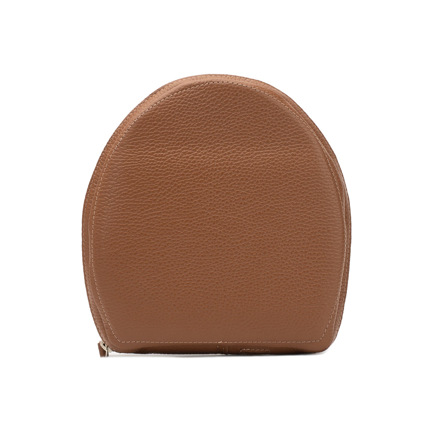 Front view of brown flat-grain leather AirPods Max case with rounded shape and stitched border