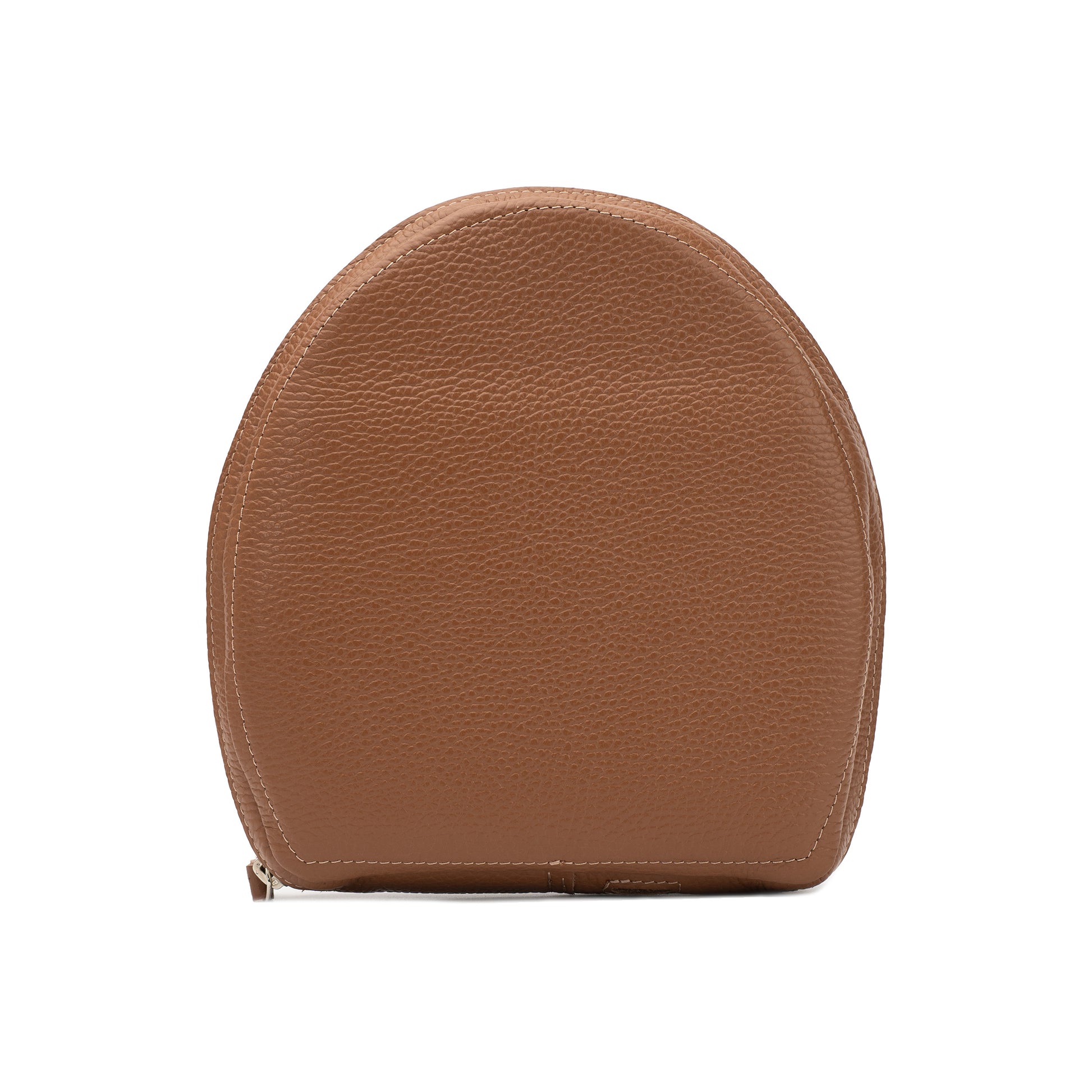 Front view of brown flat-grain leather AirPods Max case with rounded shape and stitched border